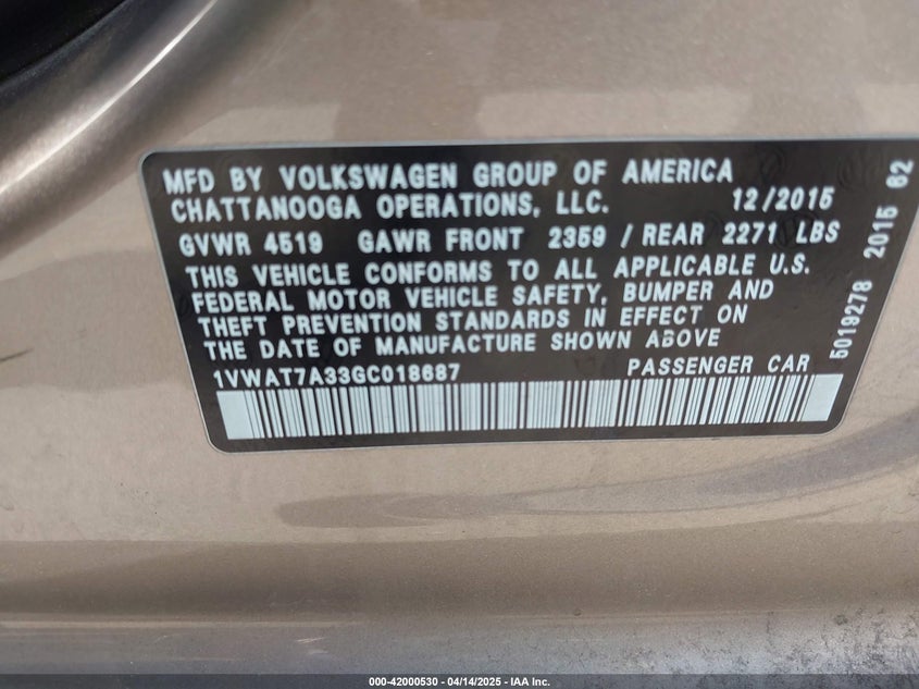 2016 VOLKSWAGEN PASSAT VIN: 1VWAT7A33GC018687
