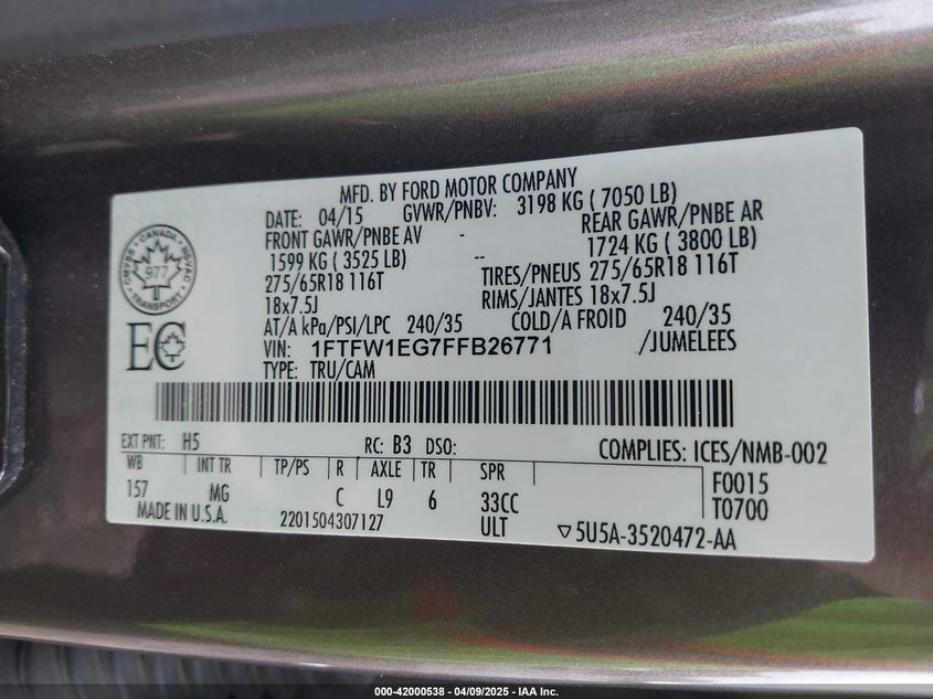 2015 FORD F-150 VIN: 1FTFW1EG7FFB26771
