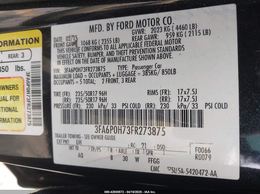 2015 FORD FUSION VIN: 3FA6P0H73FR273875