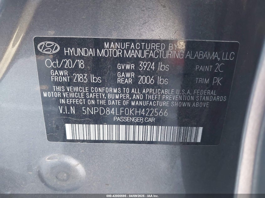 2019 HYUNDAI ELANTRA VIN: 5NPD84LF0KH422566