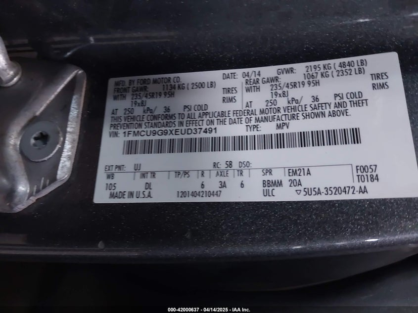 2014 FORD ESCAPE VIN: 1FMCU9G9XEUD37491