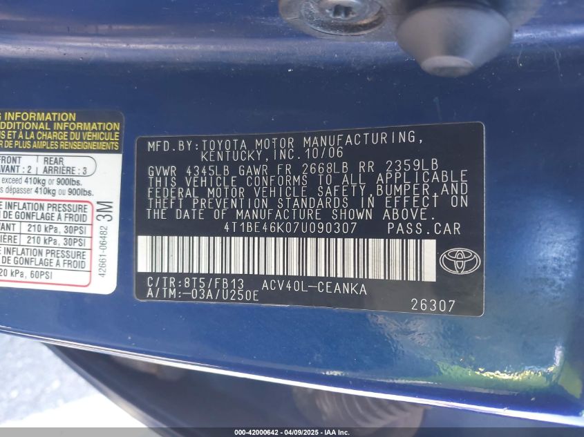 2007 Toyota Camry Le VIN: 4T1BE46K07U090307 Lot: 42000642