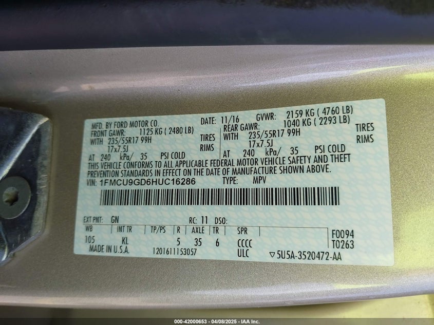 VIN 1FMCU9GD6HUC16286 2017 FORD ESCAPE SE