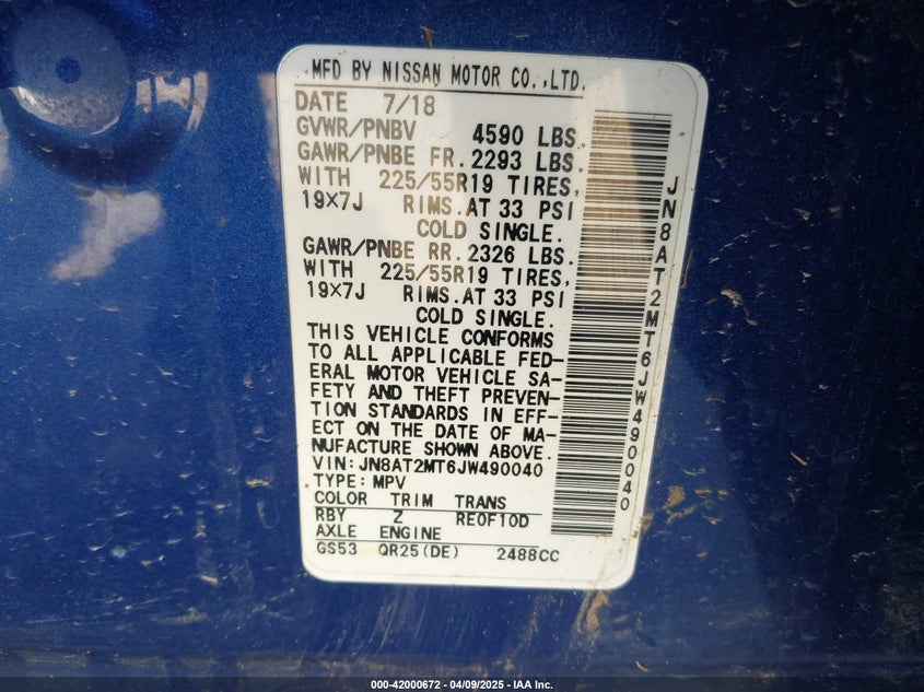 2018 NISSAN ROGUE VIN: JN8AT2MT6JW490040