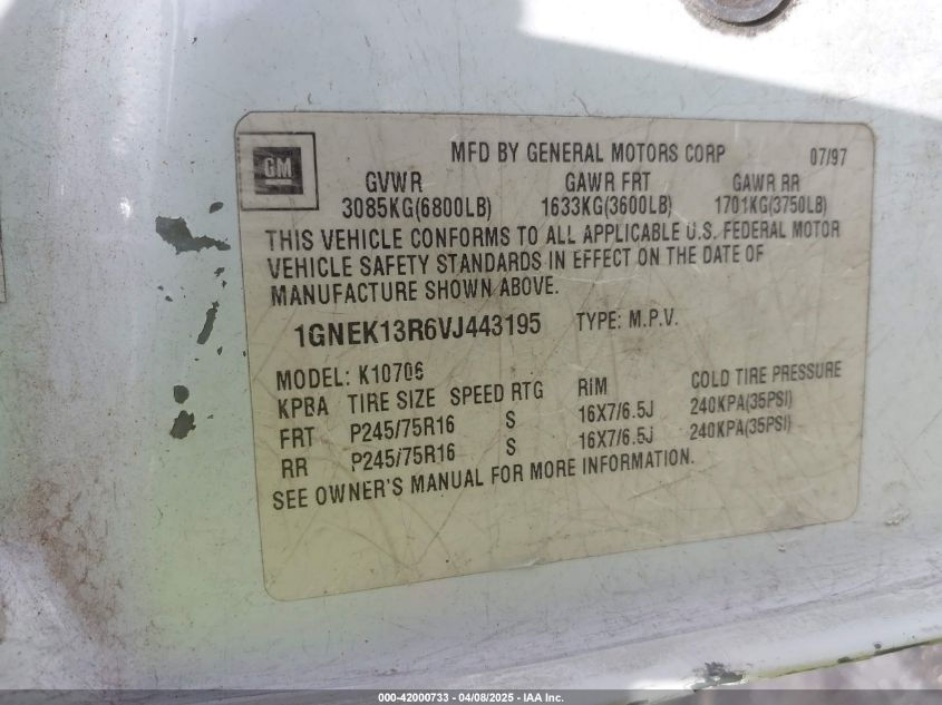 1997 Chevrolet Tahoe Ls VIN: 1GNEK13R6VJ443195 Lot: 42000733