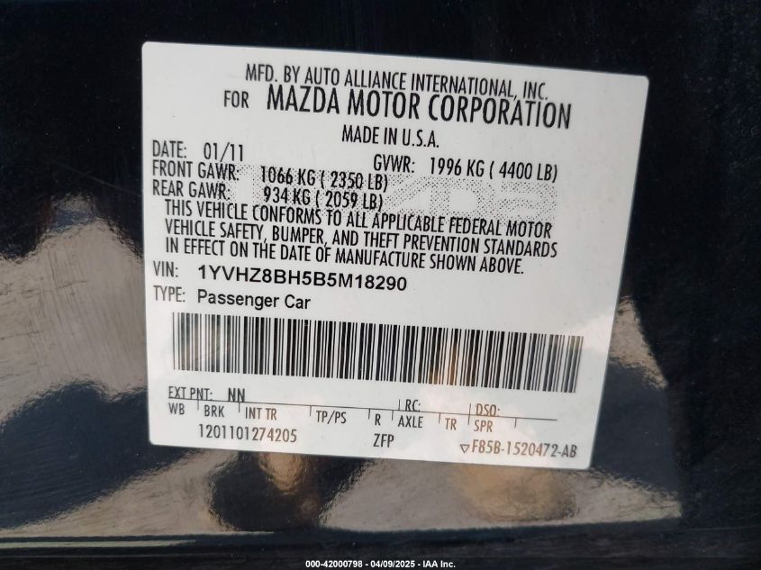 2011 Mazda Mazda6 I Sport VIN: 1YVHZ8BH5B5M18290 Lot: 42000798