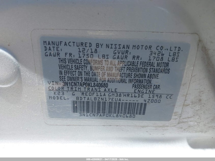 2019 NISSAN VERSA 1.6 SV - 3N1CN7AP0KL840680