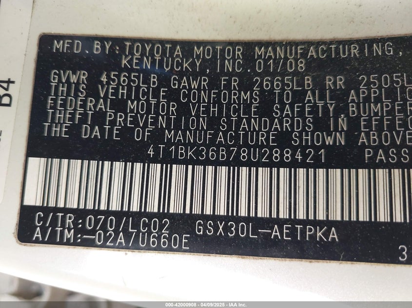 2008 TOYOTA AVALON VIN: 4T1BK36B78U288421
