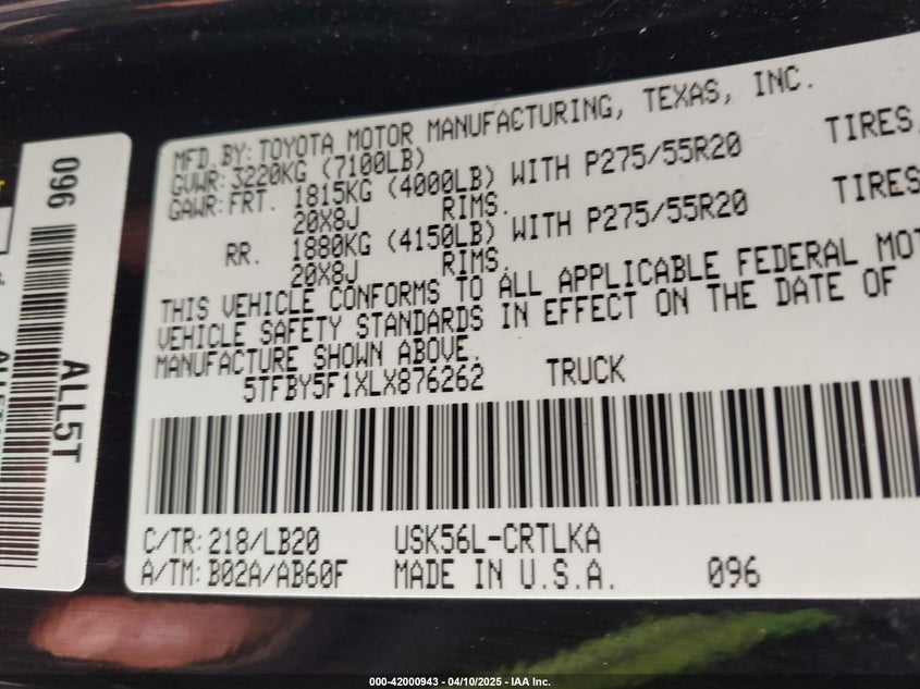 2020 TOYOTA TUNDRA VIN: 5TFBY5F1XLX876262