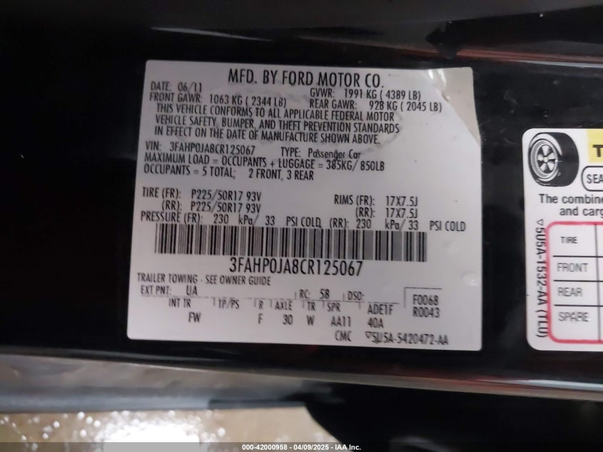 2012 FORD FUSION VIN: 3FAHP0JA8CR125067
