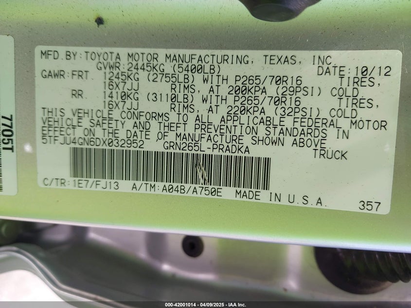 2013 TOYOTA TACOMA VIN: 5TFJU4GN6DX032952
