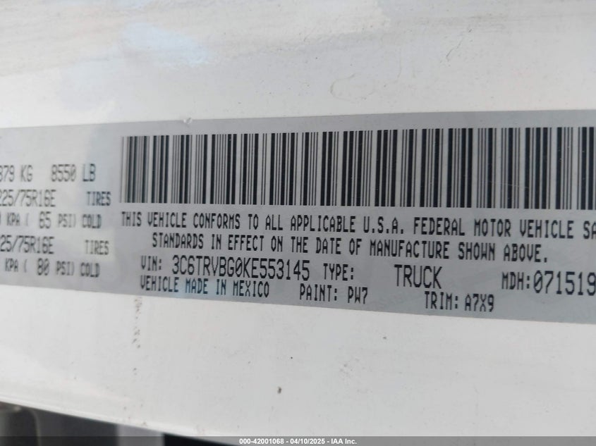 2019 RAM PROMASTER 1500 HIGH ROOF 136 WB - 3C6TRVBG0KE553145