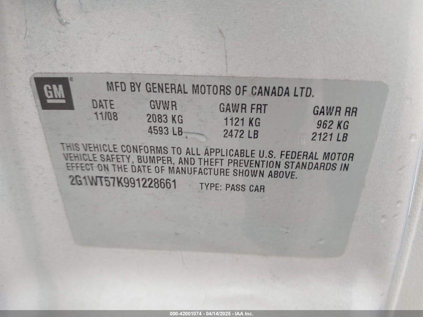2009 CHEVROLET IMPALA VIN: 2G1WT57K991228661