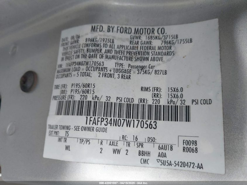 2007 Ford Focus S/Se/Ses VIN: 1FAFP34N07W170563 Lot: 42001087