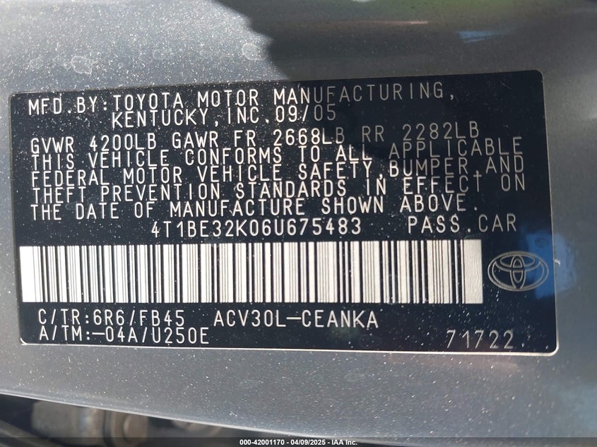 2006 TOYOTA CAMRY VIN: 4T1BE32K06U675483
