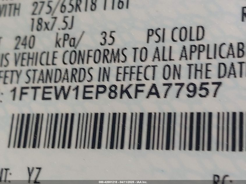 2019 Ford F-150 Xlt VIN: 1FTEW1EP8KFA77957 Lot: 42001218