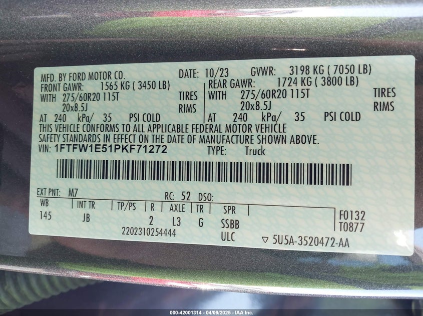 2023 FORD F-150 VIN: 1FTFW1E51PKF71272