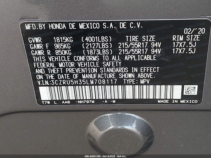 2020 Honda Hr-V 2Wd Lx VIN: 3CZRU5H35LM708117 Lot: 42001359