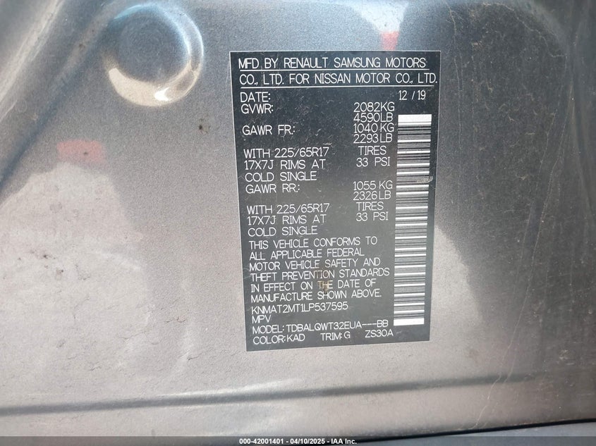 2020 NISSAN ROGUE SV FWD - KNMAT2MT1LP537595