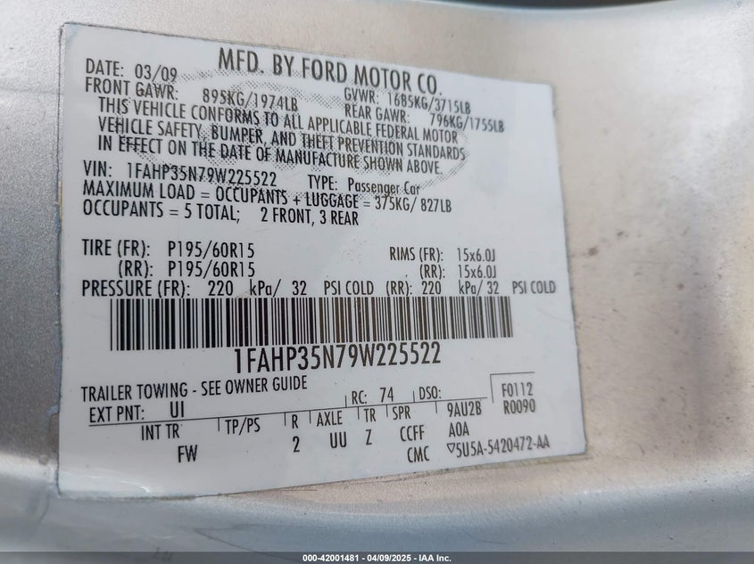 2009 FORD FOCUS VIN: 1FAHP35N79W225522