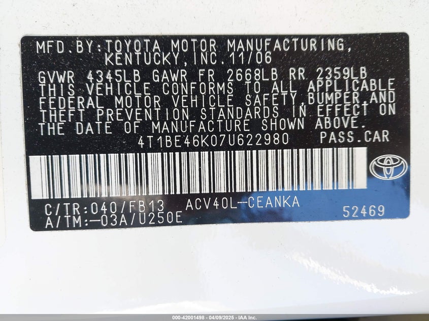 2007 TOYOTA CAMRY VIN: 4T1BE46K07U622980