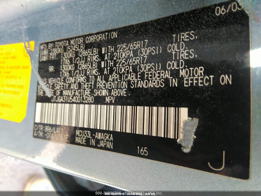 2004 Lexus Rx 330 VIN: JTJGA31U540013280 Lot: 42001515