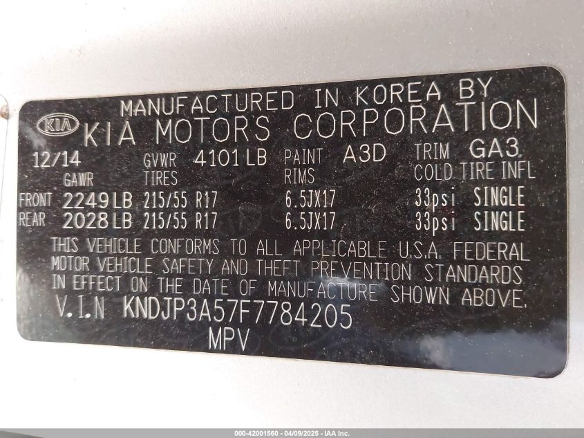 2015 Kia Soul + VIN: KNDJP3A57F7784205 Lot: 42001560