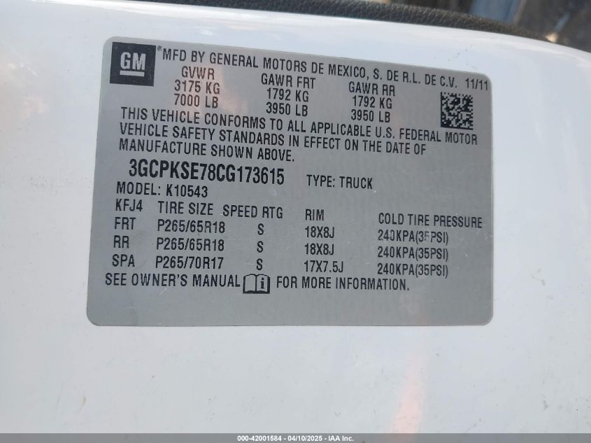 2012 Chevrolet Silverado 1500 Lt VIN: 3GCPKSE78CG173615 Lot: 42001584