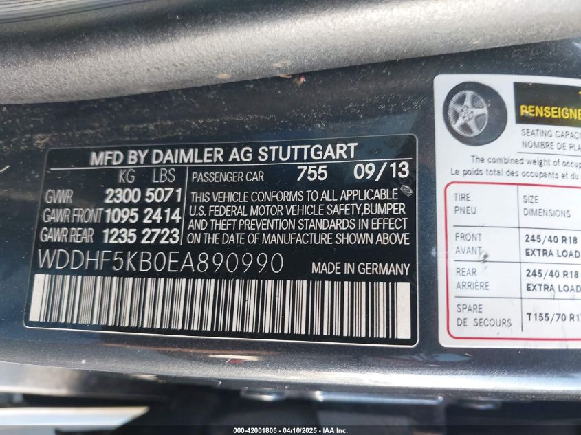 2014 Mercedes-Benz E 350 E 350 Luxury VIN: WDDHF5KB0EA890990 Lot: 42001805