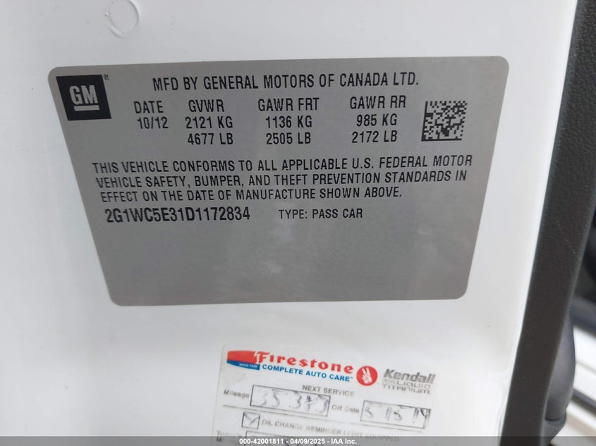 2013 CHEVROLET IMPALA VIN: 2G1WC5E31D1172834