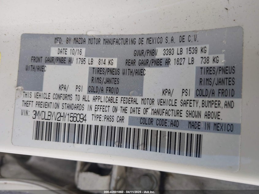 2017 TOYOTA YARIS IA VIN: 3MYDLBYV2HY156094