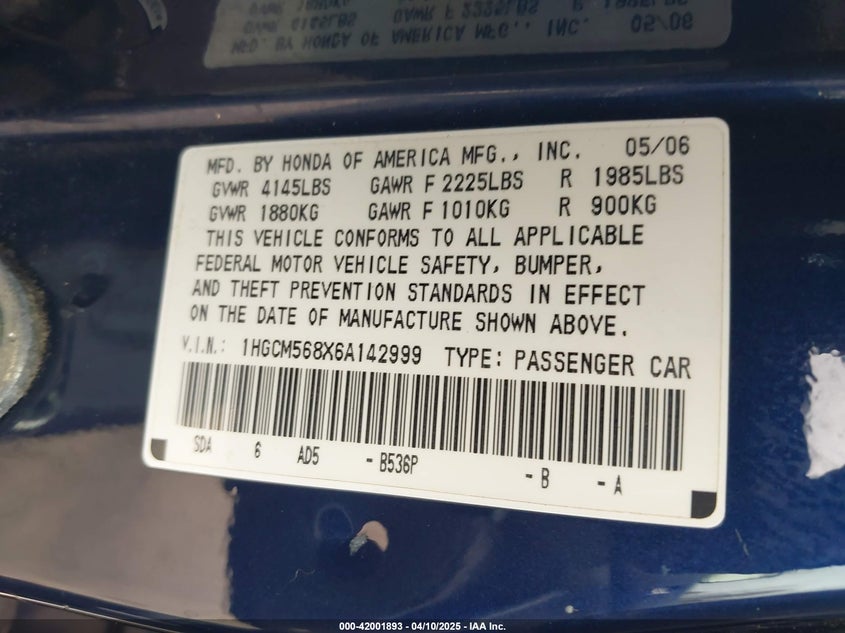 2006 HONDA ACCORD VIN: 1HGCM568X6A142999