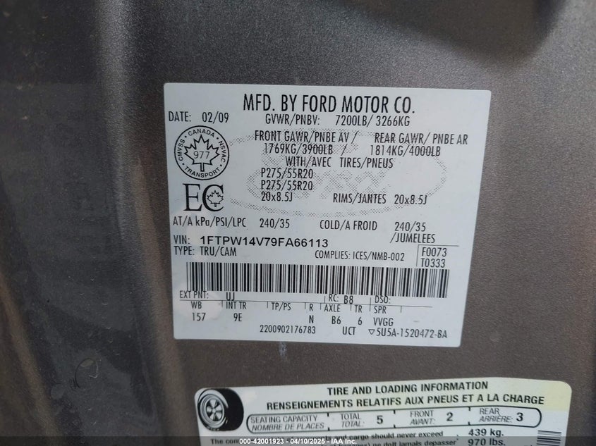 2009 FORD F150 VIN: 1FTPW14V79FA66113