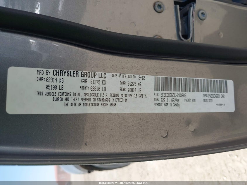 2012 DODGE CHARGER VIN: 2C3CDXBG5CH219805