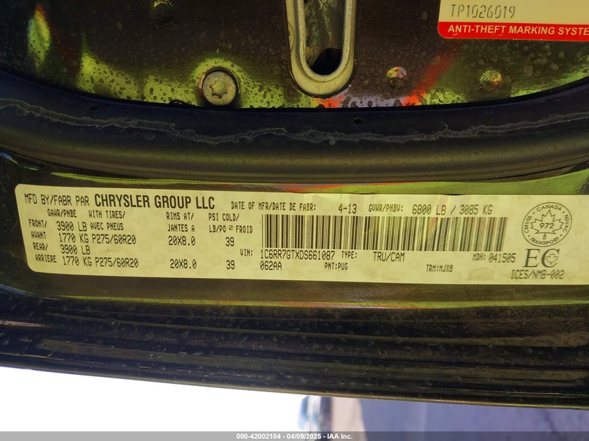2013 RAM 1500 VIN: 1C6RR7GTXDS661087