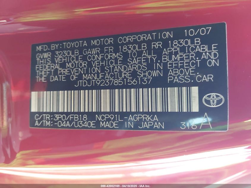 2008 Toyota Yaris S VIN: JTDJT923785156131 Lot: 42002169