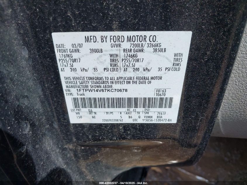 2007 Ford F-150 Fx4/Lariat/Xlt VIN: 1FTPW14V67KC70678 Lot: 42002237