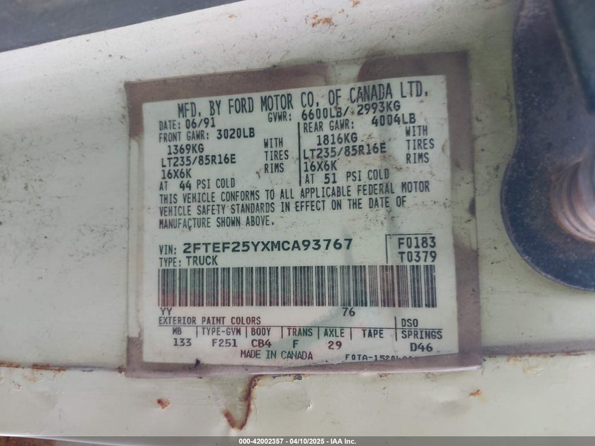1991 Ford F250 VIN: 2FTEF25YXMCA93767 Lot: 42002357