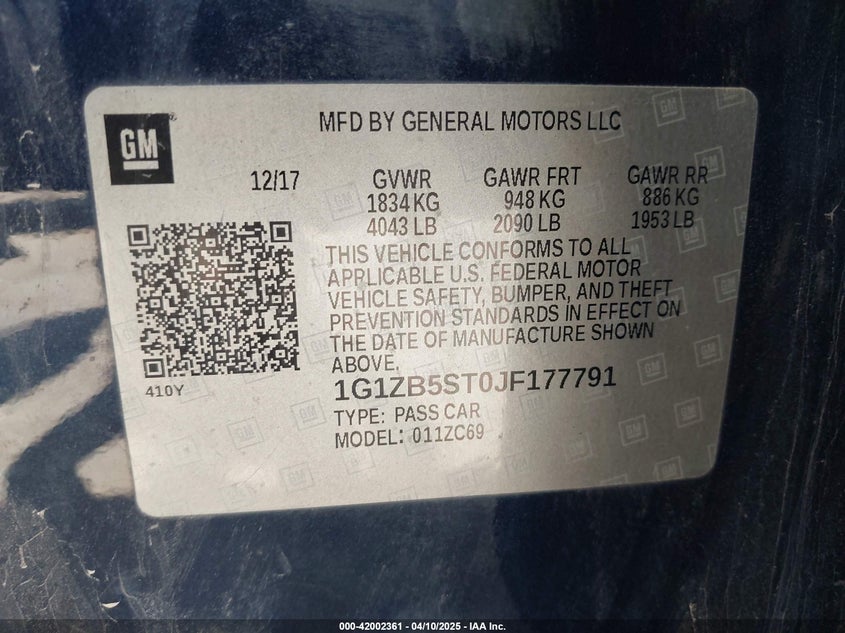 2018 CHEVROLET MALIBU VIN: 1G1ZB5ST0JF177791