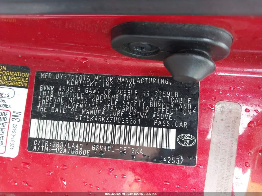 2007 Toyota Camry Xle V6 VIN: 4T1BK46KX7U039261 Lot: 42002379