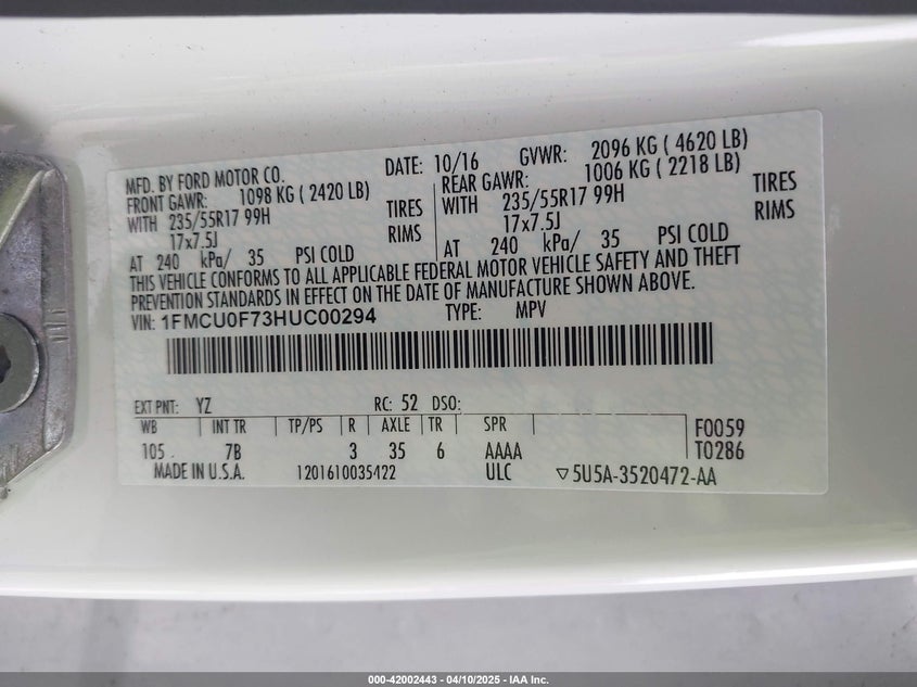 2017 FORD ESCAPE VIN: 1FMCU0F73HUC00294