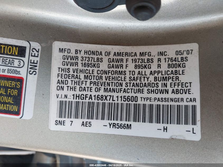 2007 Honda Civic Ex VIN: 1HGFA168X7L115600 Lot: 42002446