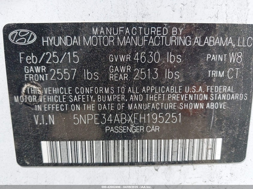 2015 HYUNDAI SONATA VIN: 5NPE34ABXFH195251