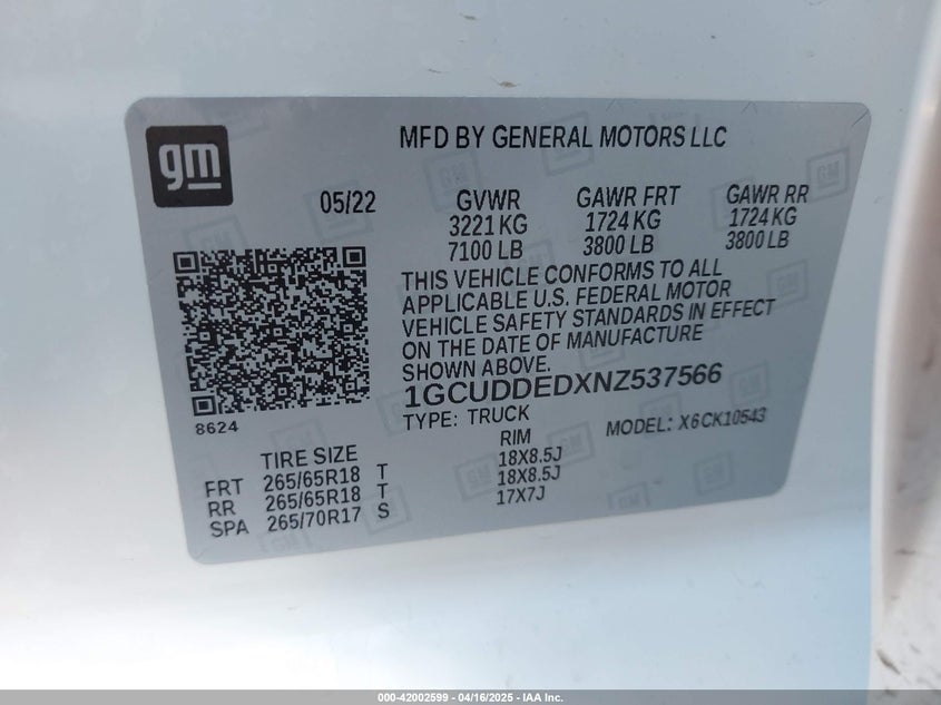 2022 CHEVROLET SILVERADO 1500 VIN: 1GCUDDEDXNZ537566