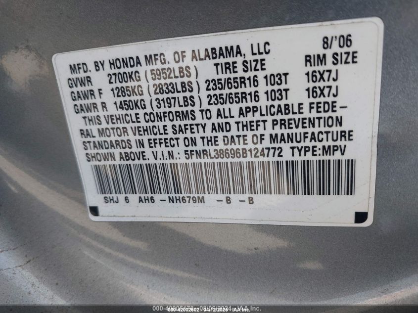 2006 Honda Odyssey Ex-L VIN: 5FNRL38696B124772 Lot: 42002602