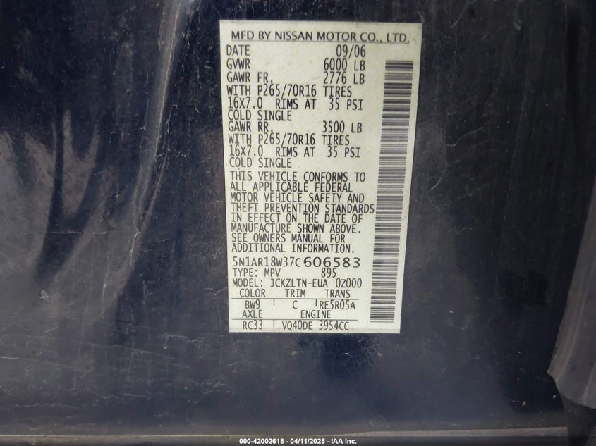 2007 NISSAN PATHFINDER VIN: 5N1AR18W37C606583