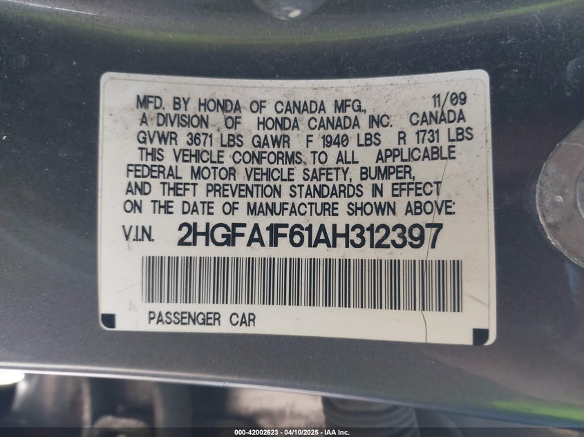2010 HONDA CIVIC VIN: 2HGFA1F61AH312397