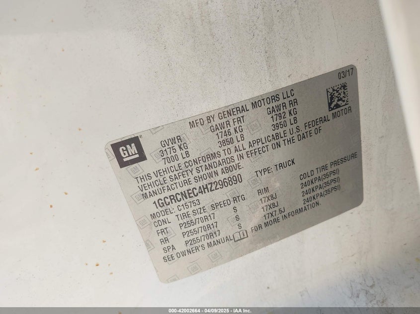 2017 CHEVROLET SILVERADO 1500 WT - 1GCRCNEC4HZ296890