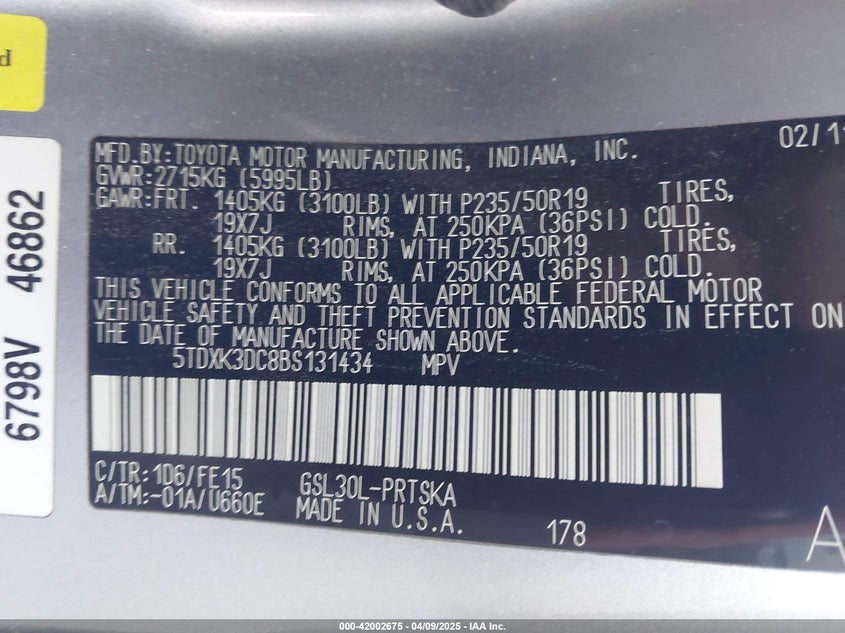2011 TOYOTA SIENNA VIN: 5TDXK3DC8BS131434