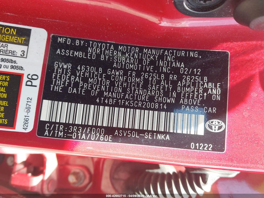 2012 TOYOTA CAMRY VIN: 4T4BF1FK5CR200814